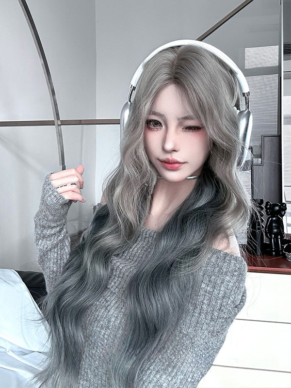 Blaugraue lange gewellte Kunsthaarperücke mit Pony