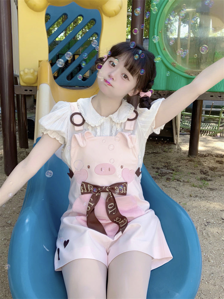 Adorable Piggy Pattern Bubble Shorts Overalls Pink