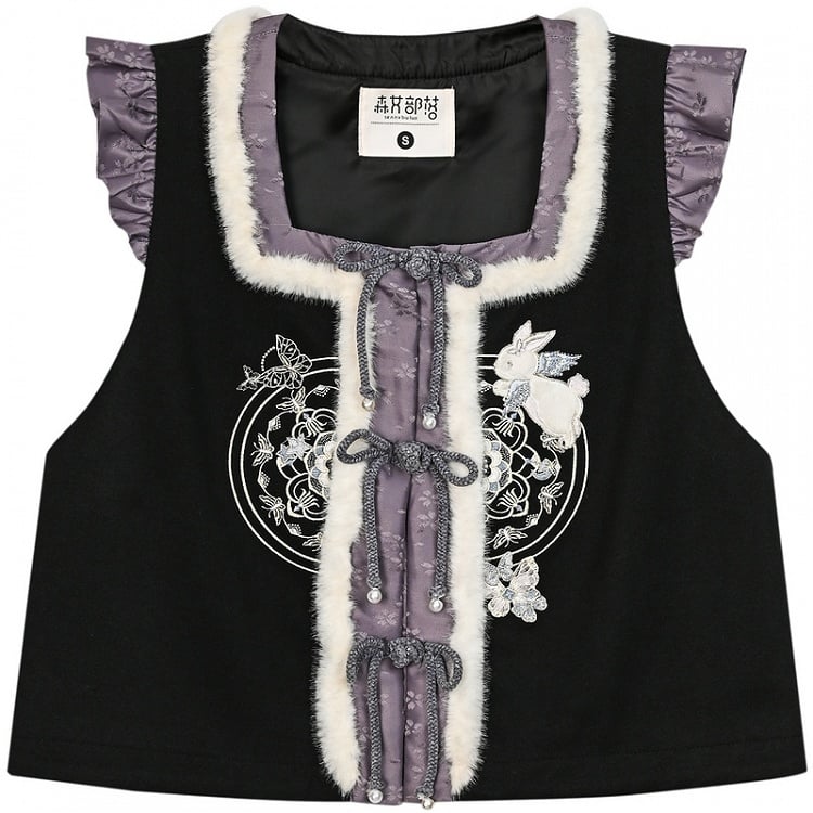 Black and Purple Moon Rabbit Cheongsam Style Vest