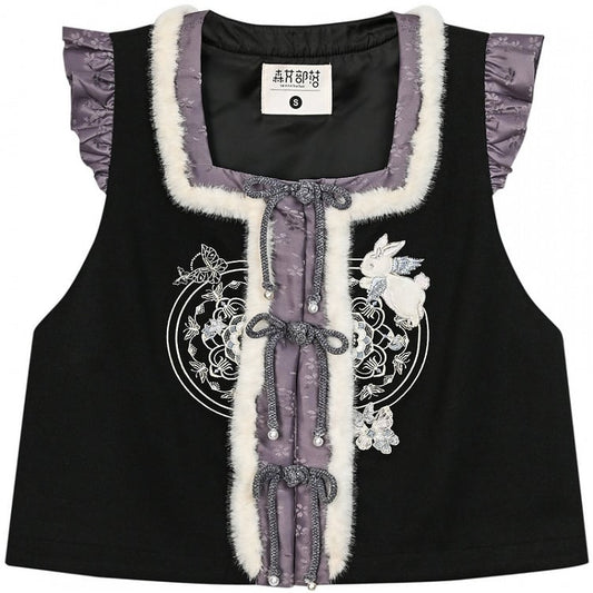 Black and Purple Moon Rabbit Cheongsam Style Vest
