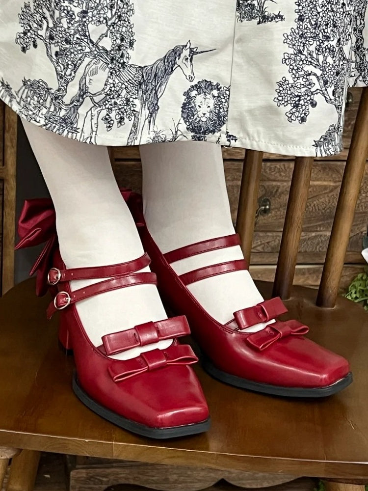 Quadratische Lolita-Absätze mit Blockschnallen, rot, doppelte elegante Schleife, hoch – Weinrot, 6,5 cm Zehenakzente