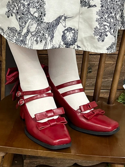 Square Lolita Block Buckles Heels Red Dual Elegant Bow High - Wine 6.5cm Toe Accents