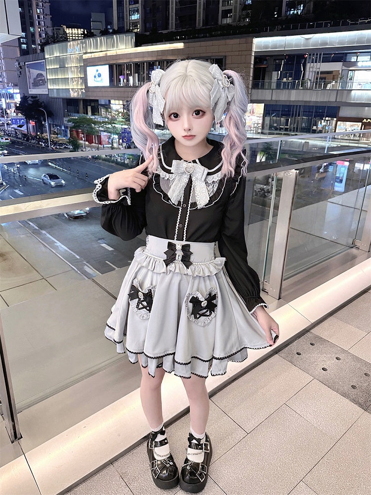 Tie Jirai Kei Schwarze Bluse mit Peter-Pan-Kragen und langen Ärmeln, gratis mit Schleife