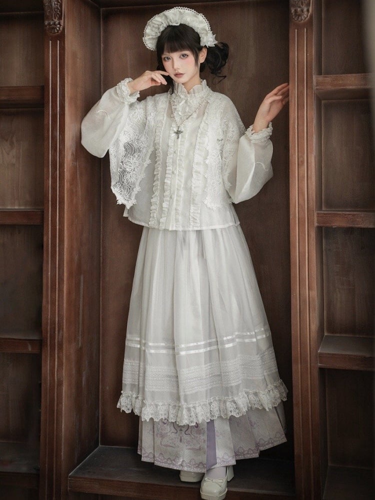 ロングスカート 花柄袖 パープル + ロリータプリント 漢馬顔とライトブラウス ホワイトセット フルスネーク