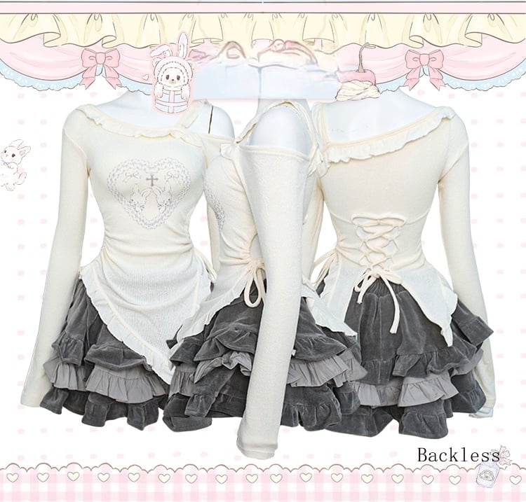 Sleeve Cutout Long Knit Beige Shoulder Top Neckline Asymmetric Backless/Covered-Back with and