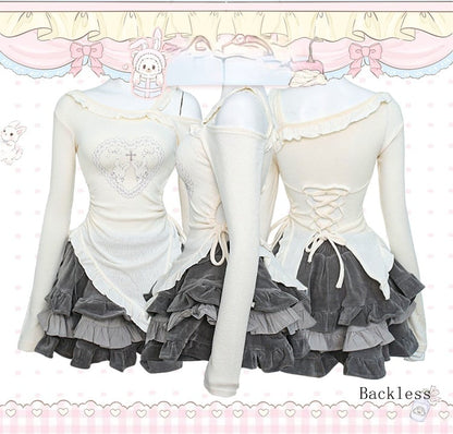 Sleeve Cutout Long Knit Beige Shoulder Top Neckline Asymmetric Backless/Covered-Back with and