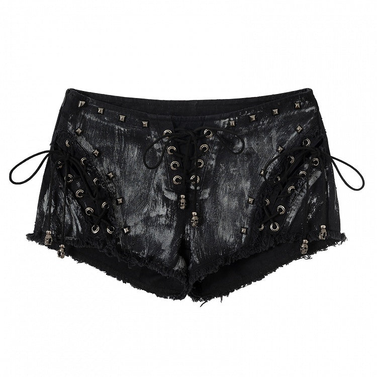Studs Lace-up Shorts Punk Hem Raw Details Black/White Decorated Wasteland