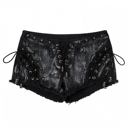 Studs Lace-up Shorts Punk Hem Raw Details Black/White Decorated Wasteland