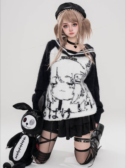 ライトブルー/ピンク/ブラック 自来也景 地雷ガールグラフィック セーラーカラーセーター