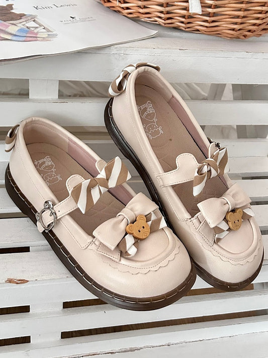 Pattern PU Details Off-white 2cm - Striped Shoes Bow Lolita Bear