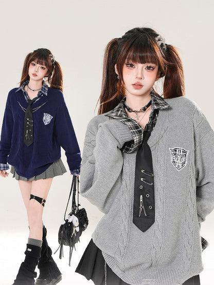 with Sleeve Sweater Knit Plaid Gray/Navy Faux Two-Piece Blue Crest Embroidered Preppy Long