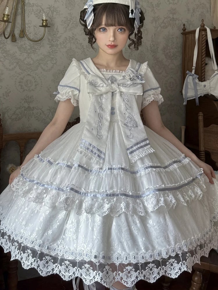 Ivory and Azure Lace Sailor Gown with Stitched Accents - Honey Machine