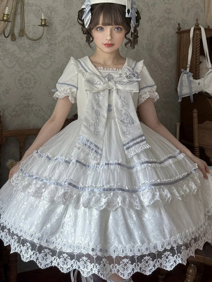Ivory and Azure Lace Sailor Gown with Stitched Accents - Honey Machine