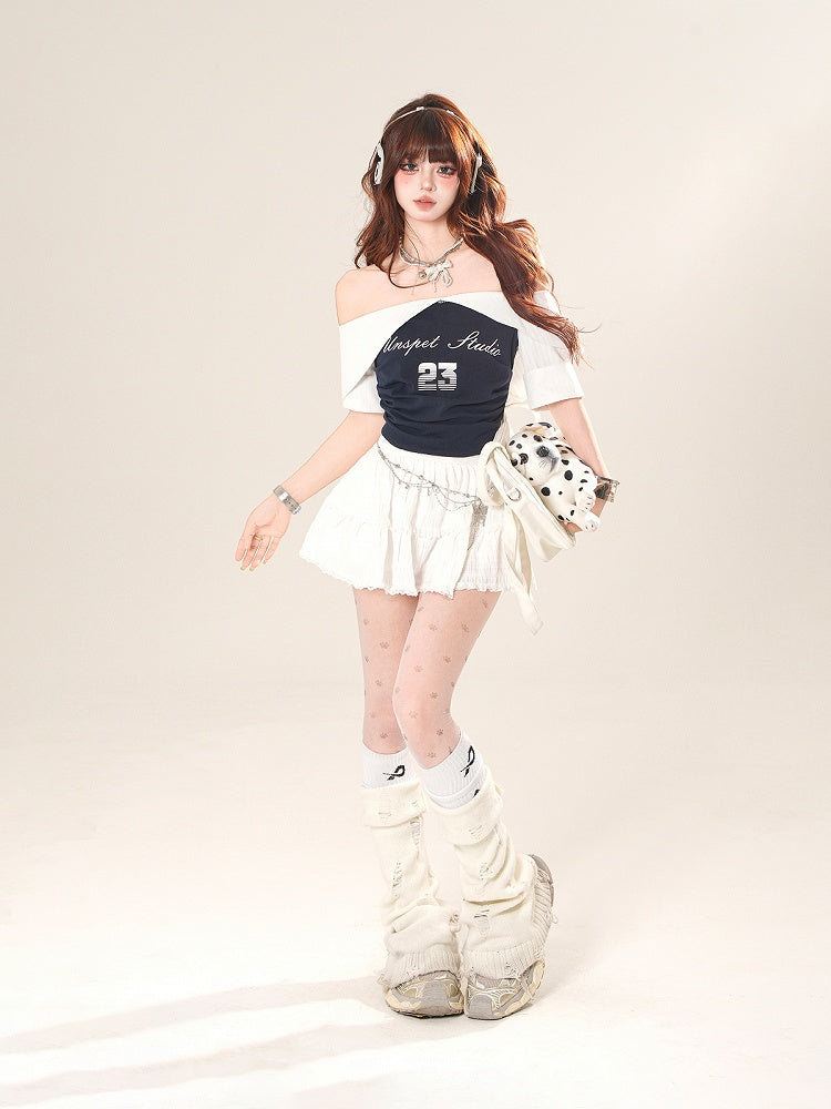 Core T-Shirt Navy Blue Colorblock Design Neckline Blokette Off-the-shoulder