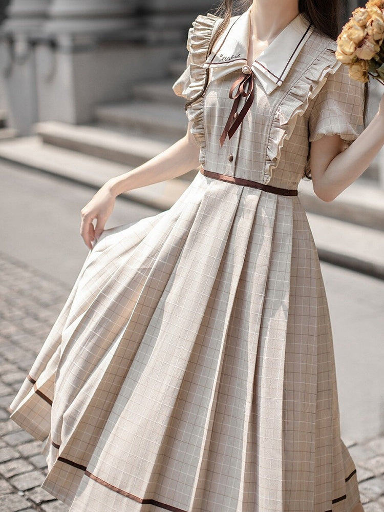 Plaid Elegant Puff Tie Coffee Light Sleeves Dress with Skirt Pleated