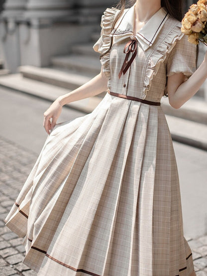 Plaid Elegant Puff Tie Coffee Light Sleeves Dress with Skirt Pleated