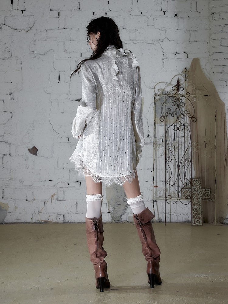 Beige Satin Lace-Trimmed Punk Shirt with Chain Accents