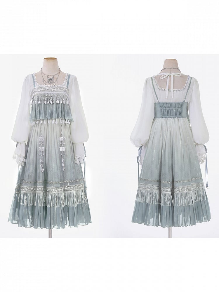 Square Neck Long Sleeve Han-Element Top in Light Blue with Tassel Dress Combo - Han Ru Chu Hanfu & Han-Element Studi