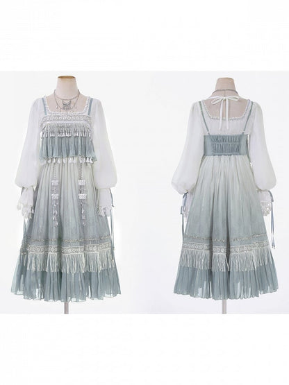 Square Neck Long Sleeve Han-Element Top in Light Blue with Tassel Dress Combo - Han Ru Chu Hanfu & Han-Element Studi