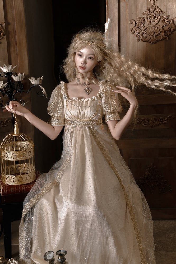 Waist Dress Details Elegant Maxi Champagne Empire Rhinestone with Shimmering Sequin and Lolita