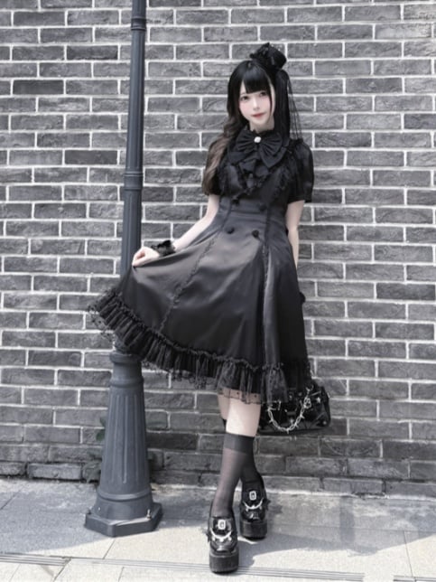 Back Bow Tie Black Ruffled Lace Trim Self-tie + Jirai Kei Chiffon Dress