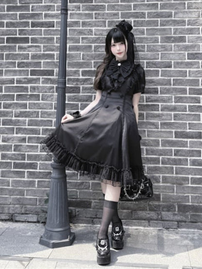 Back Bow Tie Black Ruffled Lace Trim Self-tie + Jirai Kei Chiffon Dress