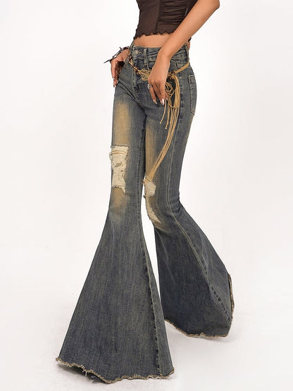 Vintage Detailing Denim Blue Distressed Jeans and Raw Flare with