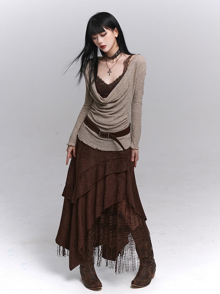 Cowl Beige Neck Top Belt Ruched Gothic with Brown