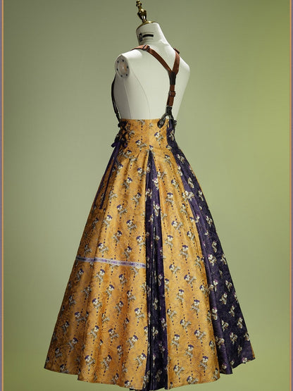 Yellow & Purple Floral Print Lace-up Straps Lolita SK Dress - Neoludwig
