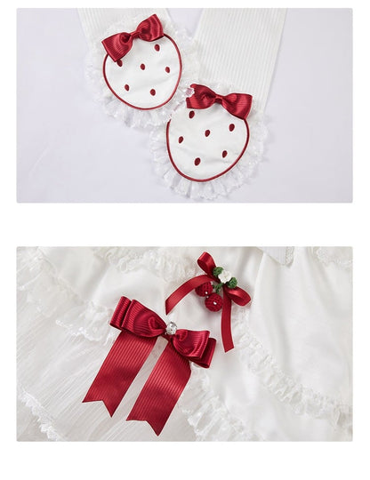 ホワイトストロベリープリンセスレイヤードフリルドレス、取り外し可能なパフスリーブ付きスイートロリータジャンパースカート