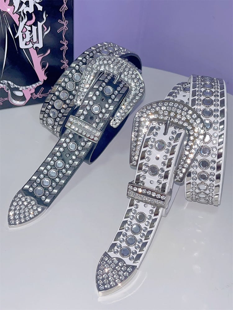 Punk Details Studs Waist Belt Decorated Rhinestone Black/White