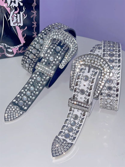 Punk Details Studs Waist Belt Decorated Rhinestone Black/White