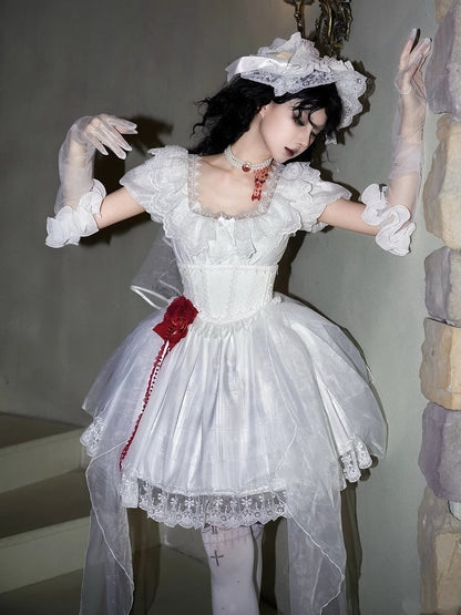 Set Full Short Dress Goth High White Version OP Castle Print Waist Lolita