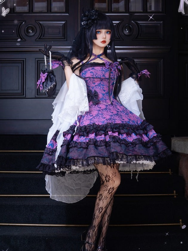 Purple & Black Bowknot Pearl Chain Halter JSK Dress
