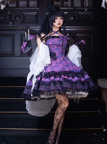 Purple & Black Bowknot Pearl Chain Halter JSK Dress