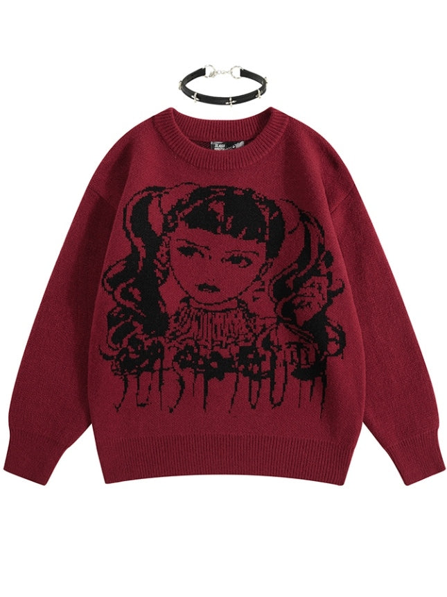 ワインレッド/ブラック Y2K ガール柄セーター（フリーチョーカー付き）
