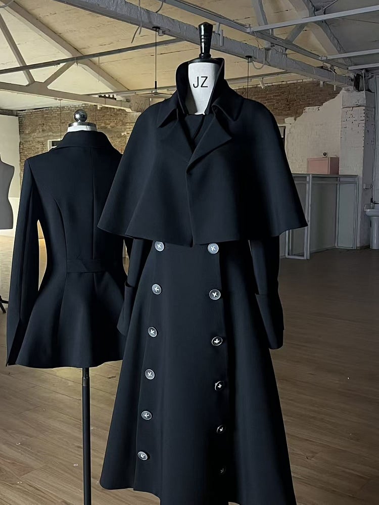 Design / Mantel Schwarz Abnehmbarer Cape Trenchcoat Grau Zweireihig