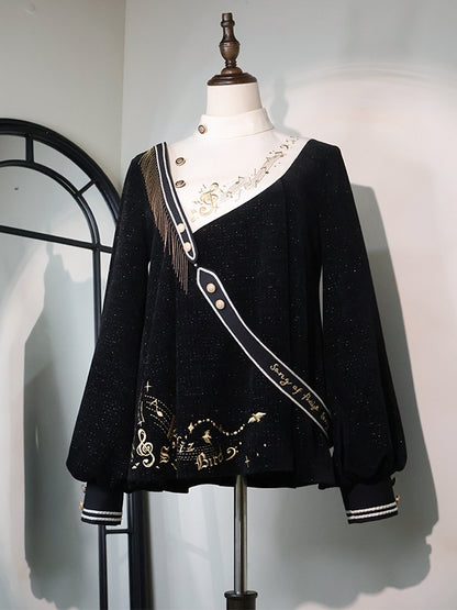 Schwarzes Ouji-Oberteil mit glitzernder Waffelstruktur, Musiknoten und Fransenschärpe