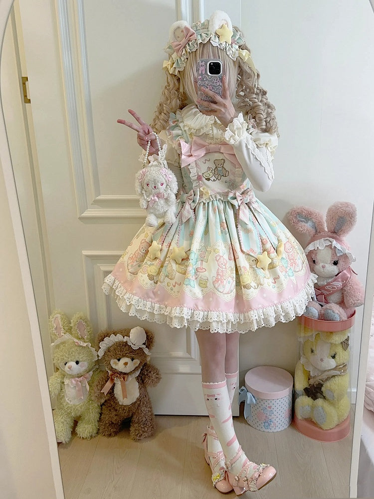 ピンクとグリーンのテディプリントのスイートロリータジャンパースカート