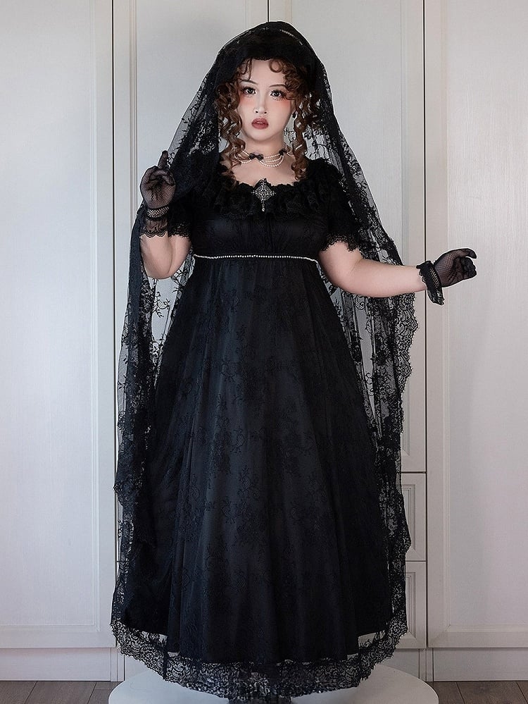 Black Square Neck Plus-Size OP Dress with Lace Accents - He Zi Has a Cat