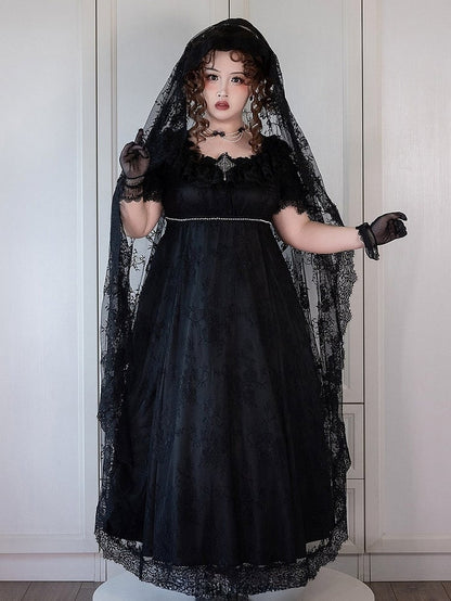 Black Square Neck Plus-Size OP Dress with Lace Accents - He Zi Has a Cat