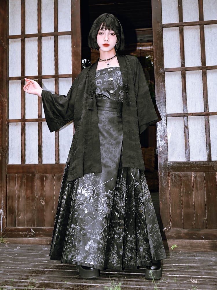 Fabric Patterns Mamian Black Satin Pleated Silver Gothic Cheongsam with Skirt