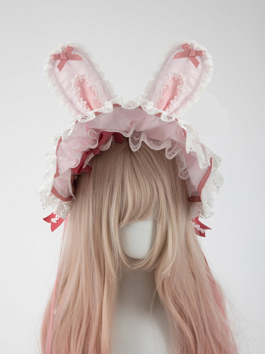 Pastel Bunny-Ear Heart-Charm Ruffled with Bonnet Lace Pink Bows