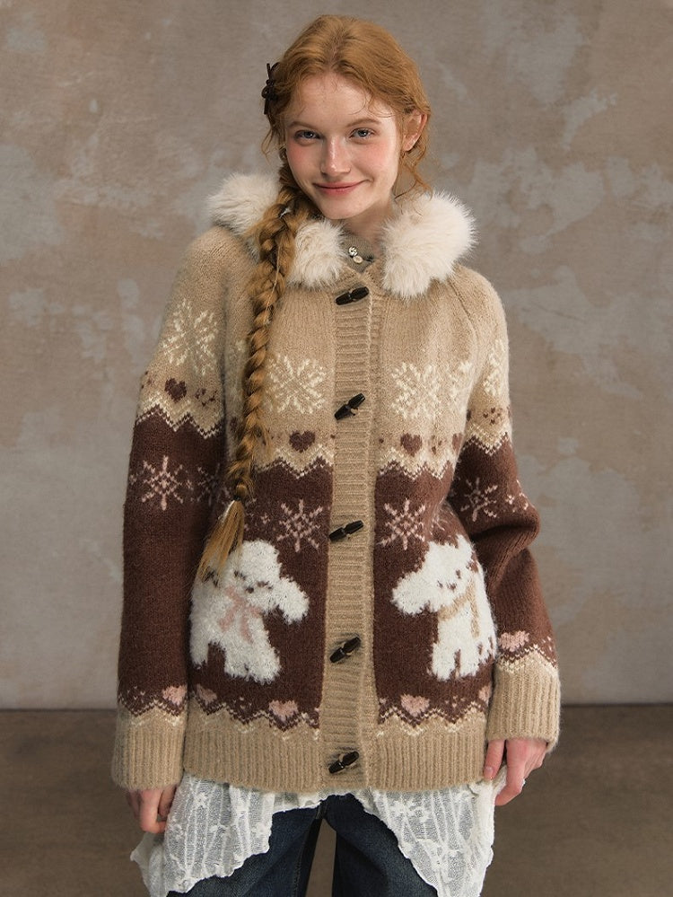 Collar Detachable Mohair Cozy Pink/Brown Fur Hooded Cardigan with Knit