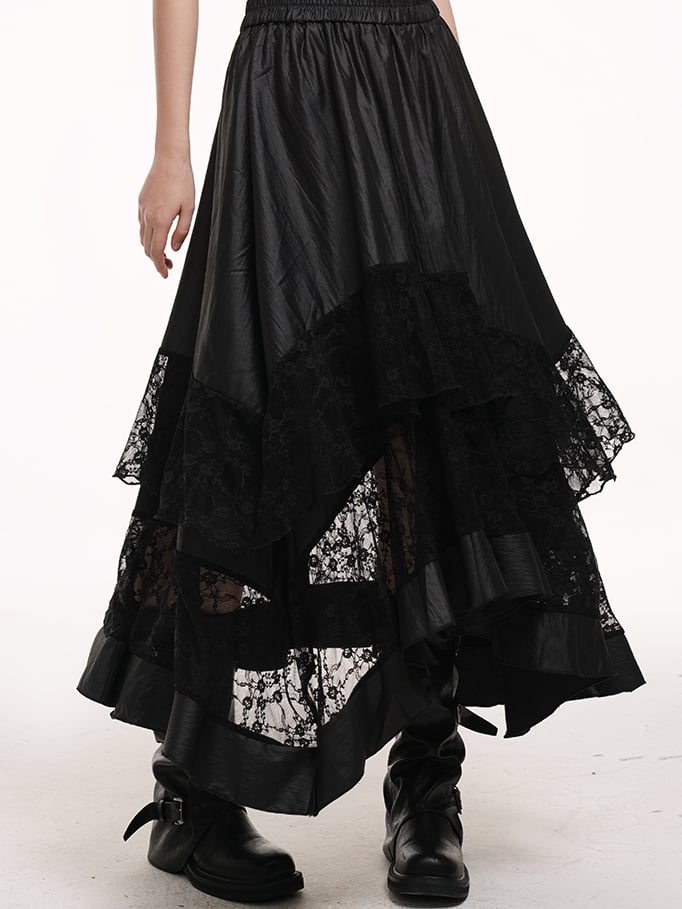 Hem Lace Patches Skirt Black Elastic Waist Asymmetrical