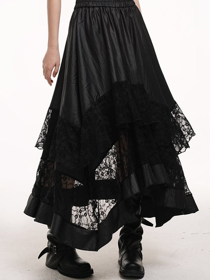 Hem Lace Patches Skirt Black Elastic Waist Asymmetrical
