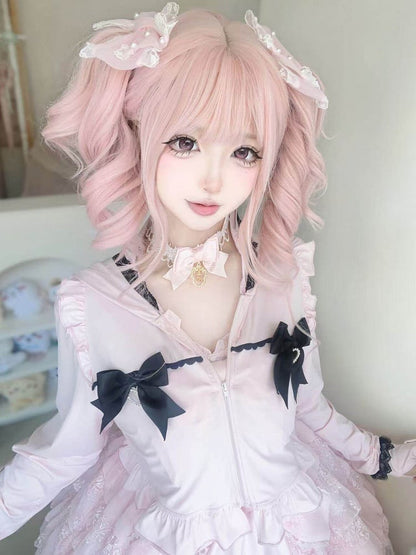 Pink Kitty-Ear Hooded Cropped Jacket with Bow - Bunny Rush