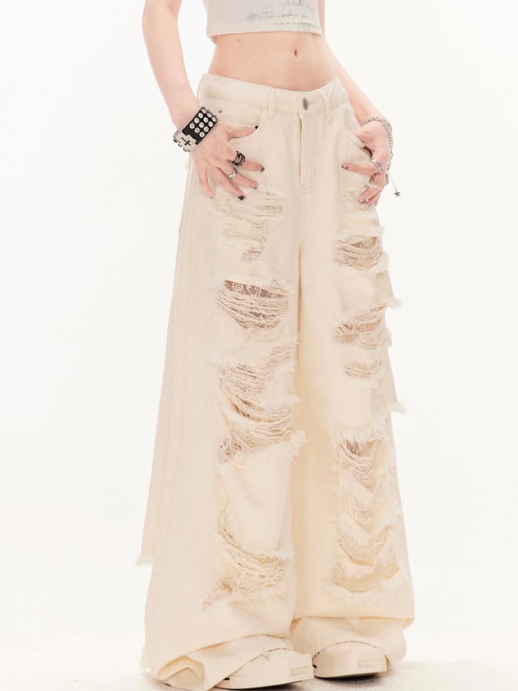 ワイドレッグジーンズ ウェイストランド アプリコット ローウエスト ダメージ加工 穴あき パンク