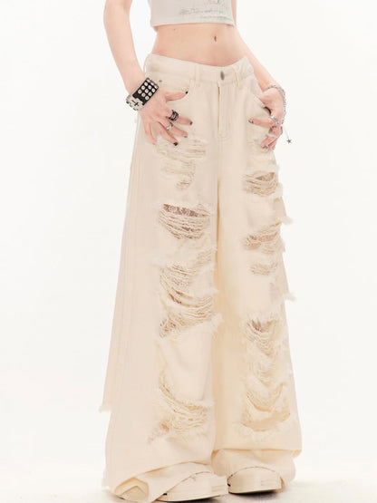 ワイドレッグジーンズ ウェイストランド アプリコット ローウエスト ダメージ加工 穴あき パンク