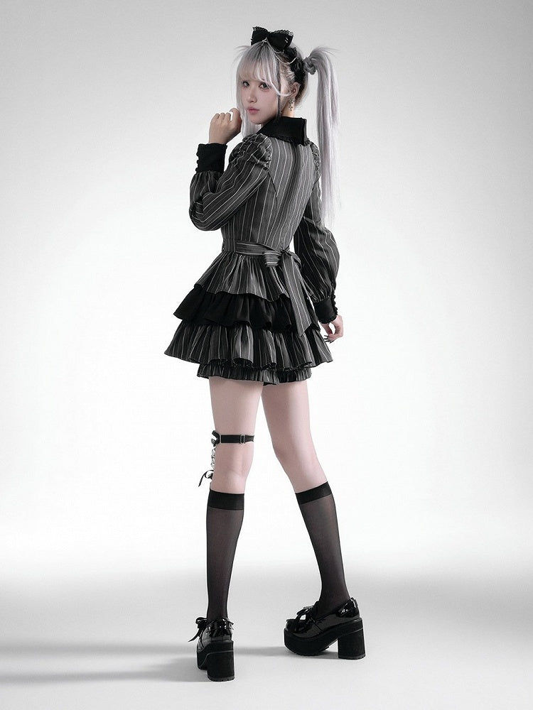 Black Gray Jirai Kei Striped Collared Tiered Ruffle Dress Set - Fluffy Heart